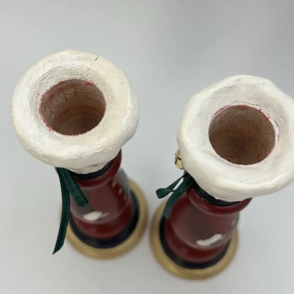 Set 2 Hand Painted Folk Art Wood Candlestick Santa Father Christmas Signed